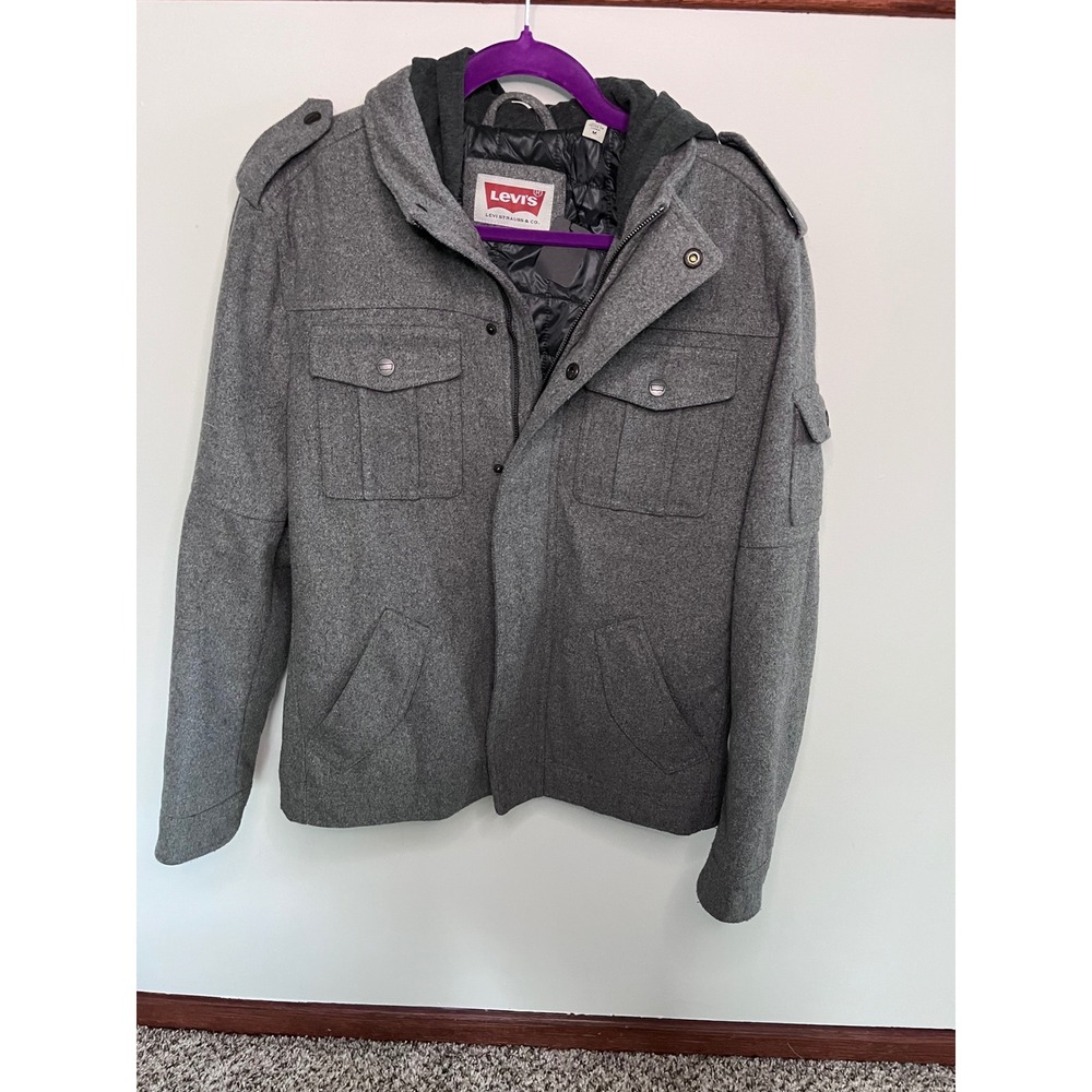 Levis Mens Gray Wool Blend Hooded Military Field Jacket Size M Epaulets Quilted